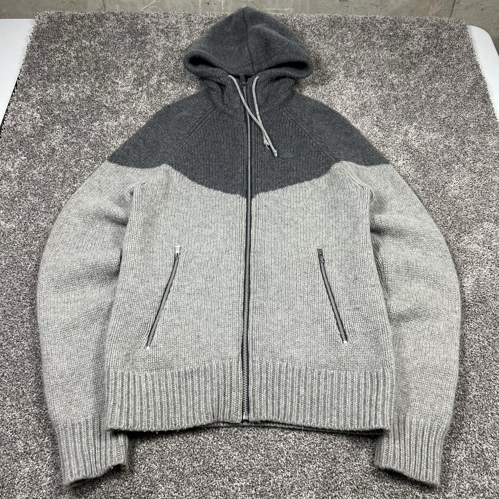 VTG Nike Hoodie Womens Small Grey Knit Sweater Wool Blend Full Zip Pockets Y2K